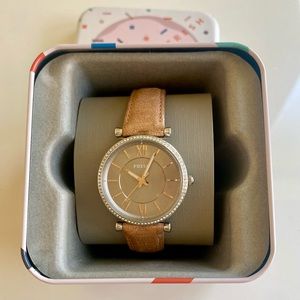 Fossil Watch tan leather band pave crystal to grey face